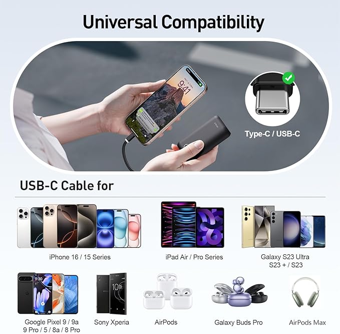 iWALK Mini Portable Charger 10,000mAh, 22.5W USB-C Fast Charging Power Bank with Built-in Cable, Travel Essential Ultra-Small Battery Pack Compatible for iPhone 16/16 Pro/15, Samsung, Google, Black
