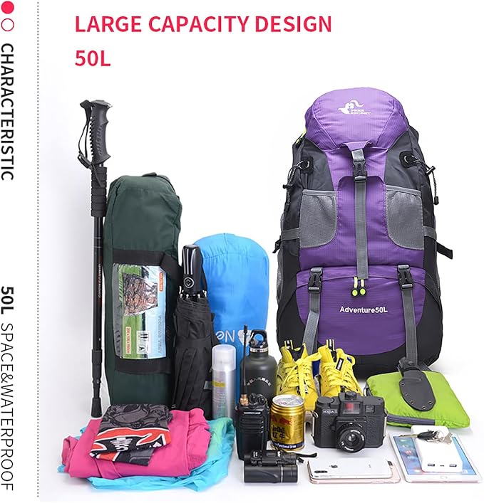 Bseash 50L Hiking Backpack, Water Resistant Lightweight Outdoor Sport Daypack Travel Bag for Camping Climbing Skiing Cycling (Purple - No Shoe Compartment)