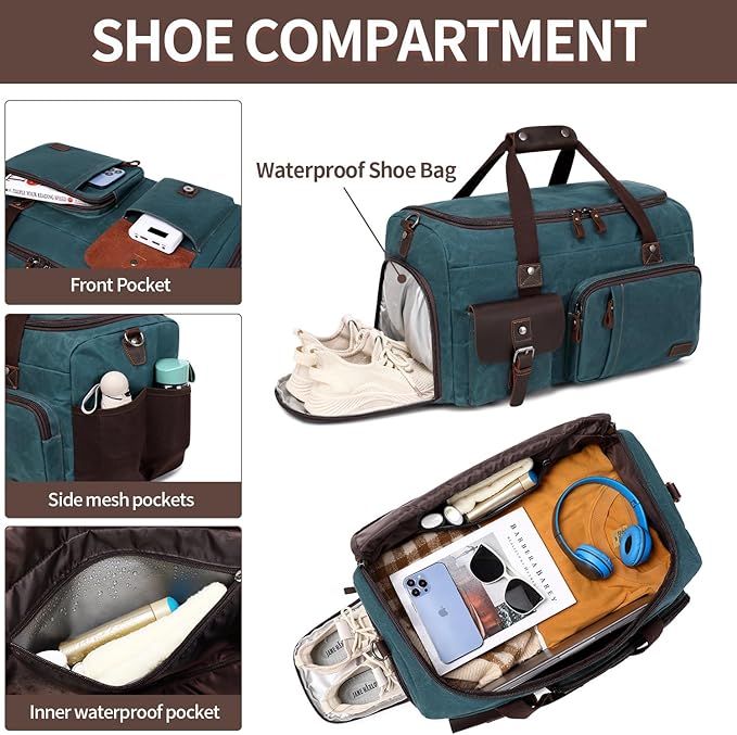 Travel Duffle Bag Weekender Bag with Shoe Compartment Overnight Bag for Men Travel Bag Carry on Luggage Dark Green