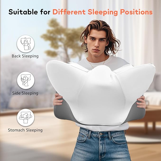 Dual-Height Cervical Neck Pillow for Pain Relief, Memory Foam Pillows with Cooling Tech -3D Ergonomic Support, Cooling Cover, for Side/Back/Stomach Sleeper Pillow, Minimalist Style - Gray,White
