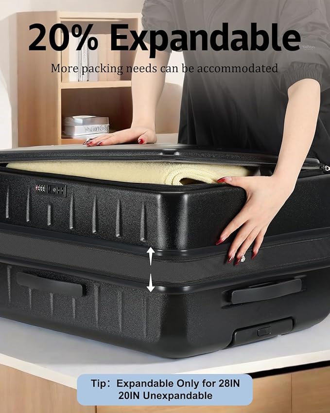 Luggage Sets 2 Pieces, 20 Inch Carry On Luggage and Expandable 28 Inch Checked Luggage with Spinner Wheels, Lightweight ABS+PC Hard Shell Suitcase with Front Opening, TSA Lock (Black, 20/28)