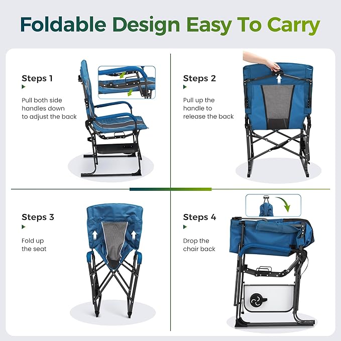 ALPHA CAMP Oversized Folding Camping Chairs High Backrest Reclining Director Heavy Duty Lawn Chairs for Adults Support 300 LBS Fishing Chairs with Large Side Table Cup Holders for Outdoor Fishing