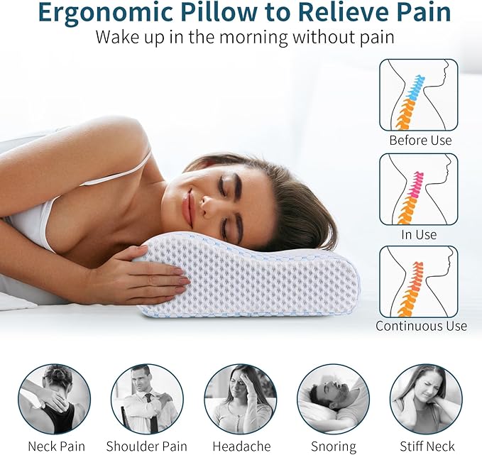 Memory Foam Pillows Neck Pillow for Pain Relief, Ergonomic Cervical Pillow Neck Shoulder Support Bed Pillow for Side Back Stomach Sleeper, Orthopedic Contour Pillow for Sleeping(Blue&White)