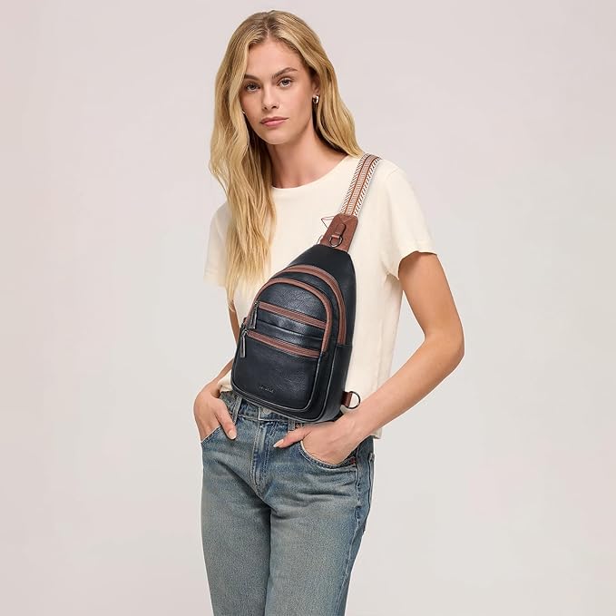 Sling Bag for Women Crossbody Fanny Pack Belt Bag Sling Purse Vegan Leather Trendy Travel Anti Theft Brown/Black
