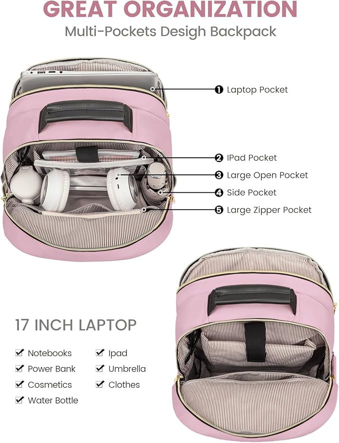 LOVEVOOK Laptop Backpack for Women, Travel Computer Work Bags with 17-inch Laptop Compartment, College School Student Bag Teen Backpacks For Girls, Outdoor Carry On Backpack Purse, Light Pink
