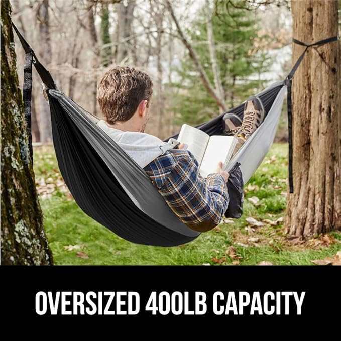 GORILLA GRIP Durable Portable Camping Hammock, Holds 400lbs with Heavy Duty Tree Straps, Comfortable Travel Swing, Camp Hammocks, Easy to Use and Install, Outdoor Essentials, Black, 9x4.5 FT