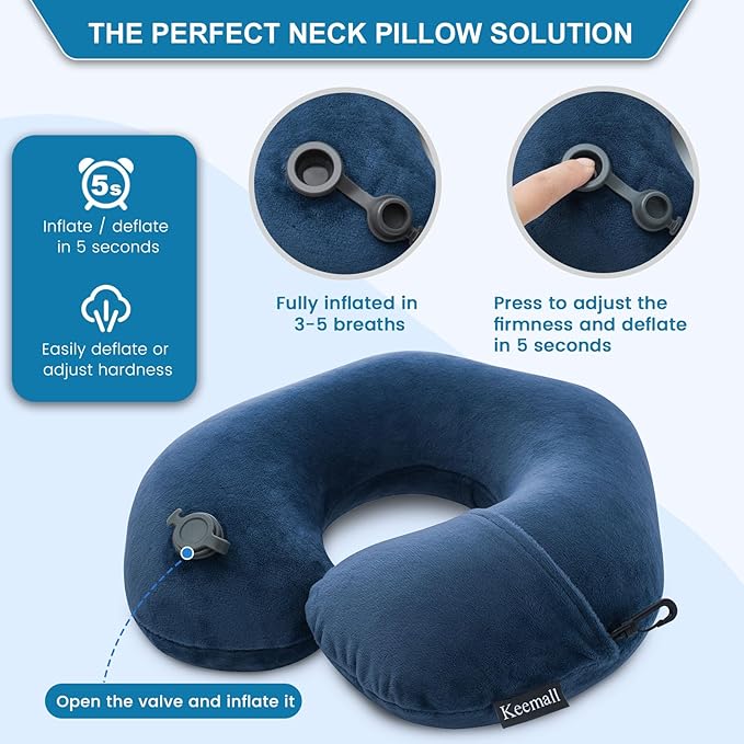 Travel Neck Pillow for Airplane, Compact Inflatable Neck Pillow for Traveling Long Flights, Adjust Firmness Neck Suport Pillow for Sleeping Plane Head Rest for Travel Accessories,Deep Blue