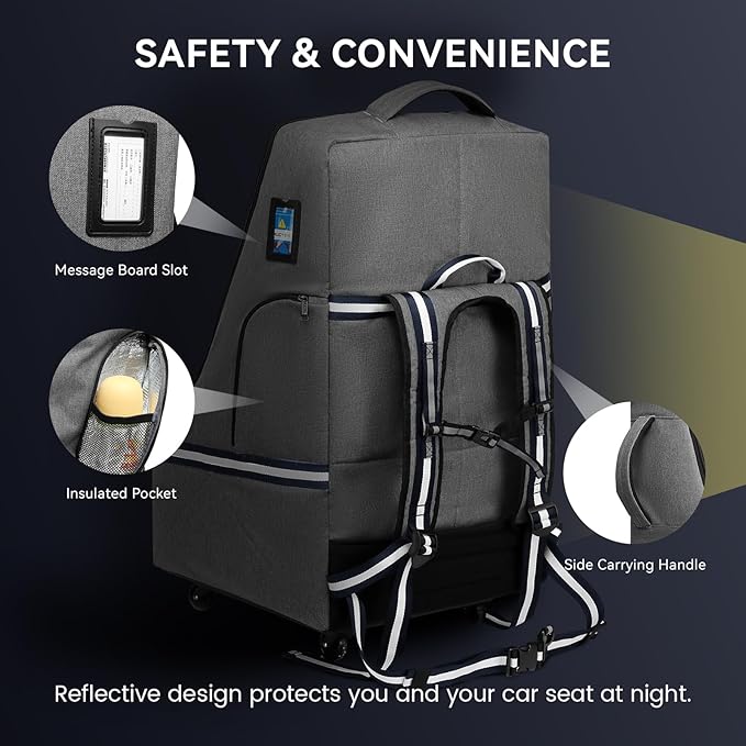 Rolling Car Seat Travel Bag, Padded Carseat Travel Backpack for Airplane,Large Durable Travel Bag with 4 Wheels,Adjustable Shoulder Strap and Waterproof Base Dark Grey