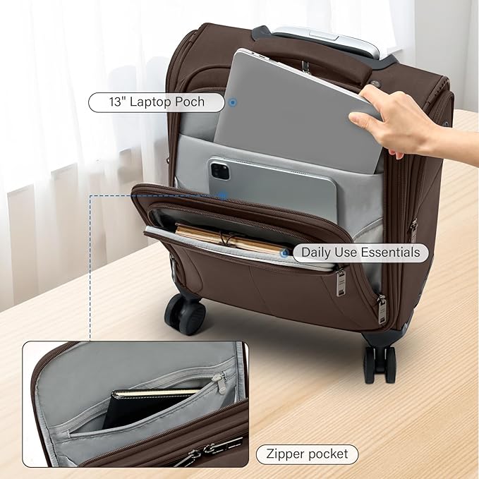 16 Inch Underseat Carry On Luggage with Wheels Softside Small Suitcases Personal Item Bag with Pocket Travel Luggage for Men Women Business Overnight Bag(Coffee)