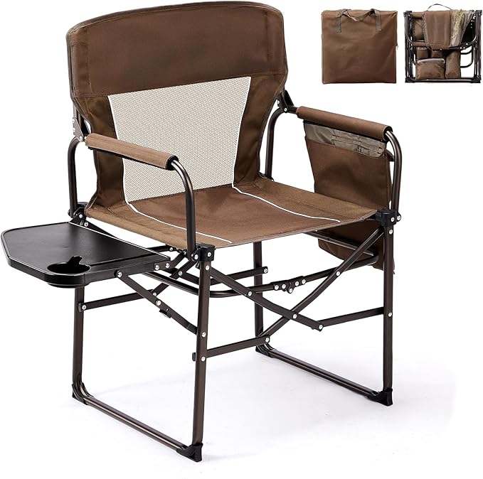 VINGLI Camping Chairs, Directors Chair, Camping Chair with Side Table & Carry Bag，Heavy Duty Camping Chairs for Adults, Portable Folding Camping Chair, Pocket for Beach, Fishing,Trip,Picnic,Lawn-Brown