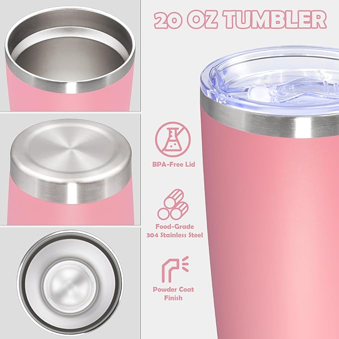 20oz Tumbler Stainless Steel Tumbler Cup with Lid Vacuum Insulated Double Wall Travel Mug, Durable Powder Coated Travel Coffee Tumbler Mug for Hot & Cold Drinks, Pink,1 Pack