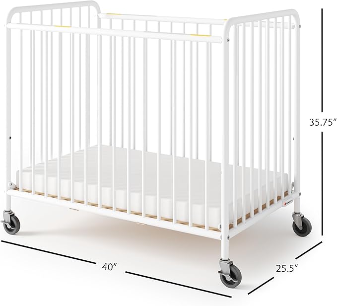 Foundations Chelsea Slatted Metal Compact Daycare Crib, 3" Casters, Compact Mini Size, Easy to Clean Durable Finish, Adjustable to Two Heights Mattress Board (White)