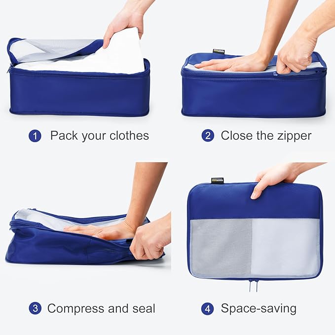 4 Set Compression Packing Cubes for Travel, Suitcases and Backpack Space Saving Organizers (Dark Blue)