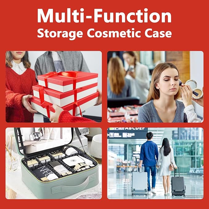 Travel Makeup Bag for Women and Makeup Artists Cosmetic Organizer Large Makeup Case,Travel Makeup Bag with Mirror 3 Color Setting,Portable Storage and Adjustable Dividers(red)
