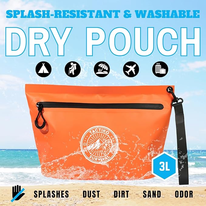 3-Pack Tactiko Heavy-Duty Splash Water Resistant Zipper Pouches - Hold-All Organizers for Dry Bags, Travel Bags (3, Orange/Gray/Black)