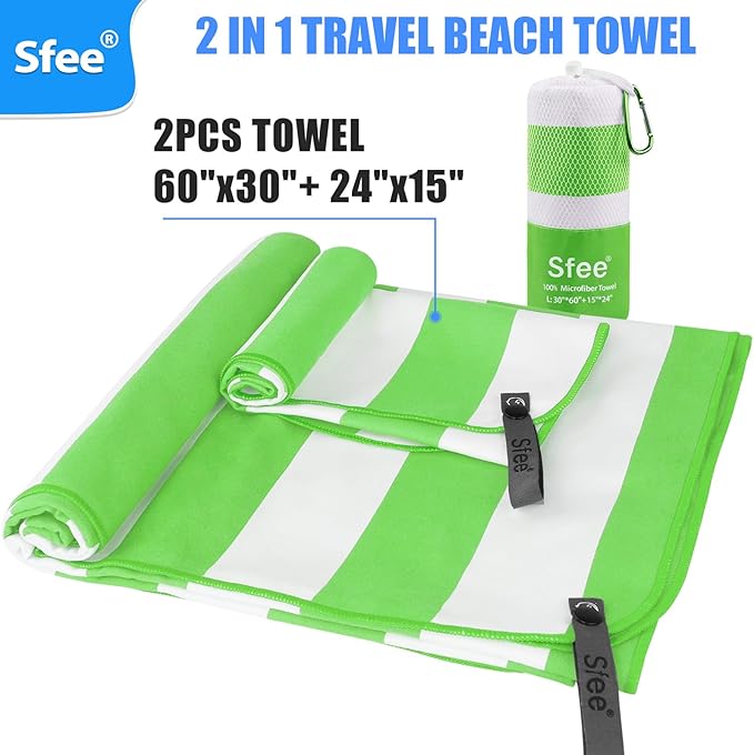 Sfee 2 in 1 Microfiber Beach Towel, Quick Dry Towel Camping Towel Travel Towel Super Absorbent Compact Lightweight Sports Gym Towels Set for Beach, Gym, Hiking, Pool, Backpacking, Bath, Yoga