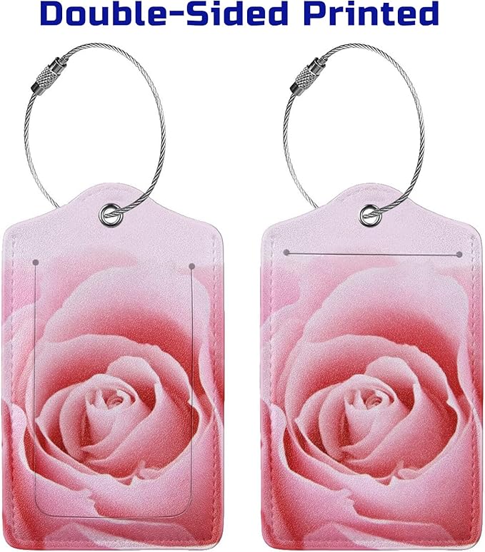 2 Pack Pink Rose Luggage Tags for Suitcases, Pretty Flower Leather Suitcase Backpack Bag Tags Identifiers with Privacy Cover Name Address Labels & Durable Steel Loop for Women Girls Travel