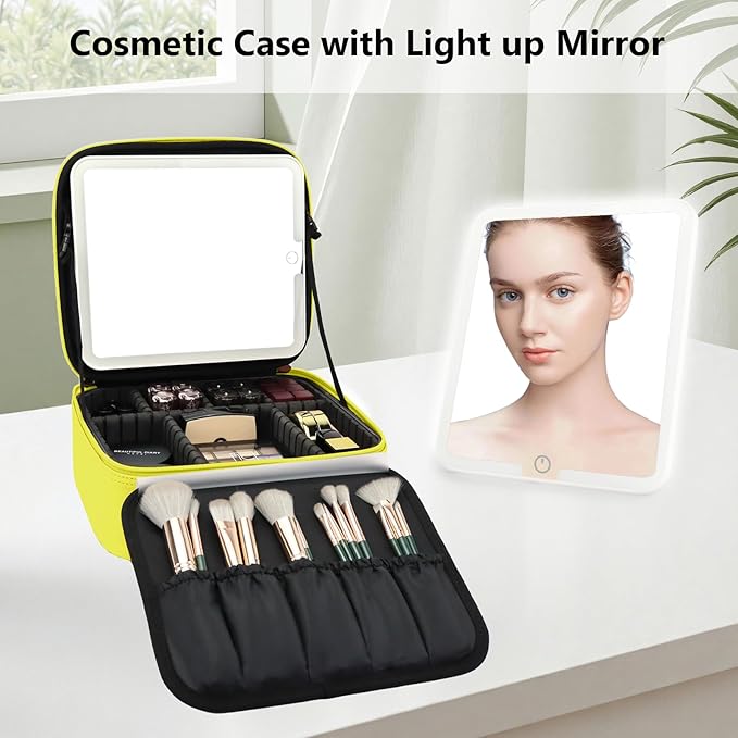 Travel Makeup Bag with LED Mirror Travel Makeup Organizer with 3 Lighted Settings, Adjustable Dividers and Makeup Brush Storage Bag Yellow