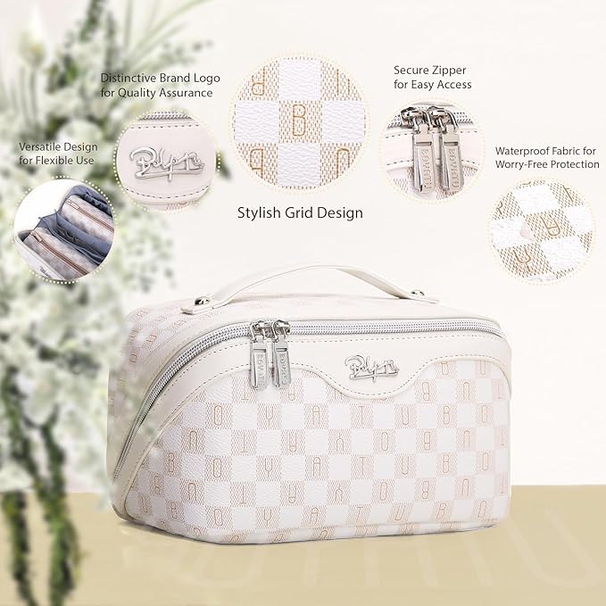 BOYATU Travel Makeup Bag Cosmetic Bags for Women: 3 Pcs Set Portable Make up Bag with Handle - Vegan Leather Toiletry Bags with Compartments - Makeup Organizer for Travel Essentials(02-White)