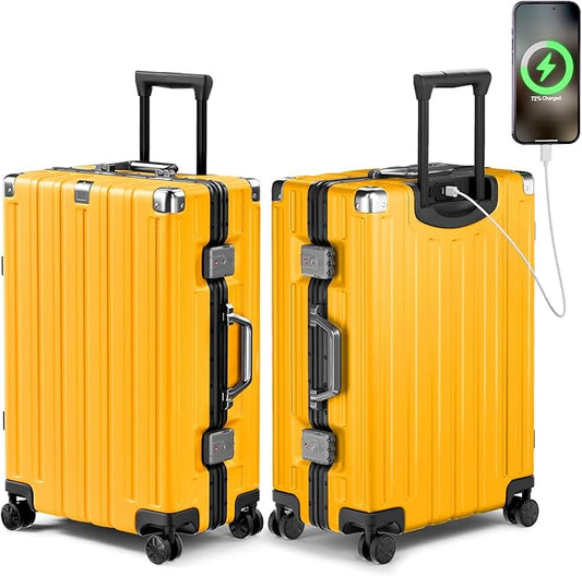 Krute Checked Aluminum Frame Suitcase 24 Inch Zipperless Luggages Hardside PC Luggage With Spinner Wheels TSA Lock USB Charger Suitcases(1 Piece)