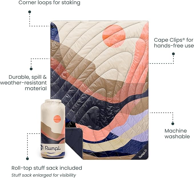 Rumpl Original Puffy Blanket - Warm, Water-Resistant Camping Blanket with 100% Recycled Synthetic Insulation, 52"x75", Original Puffy V2, Valley Dawn