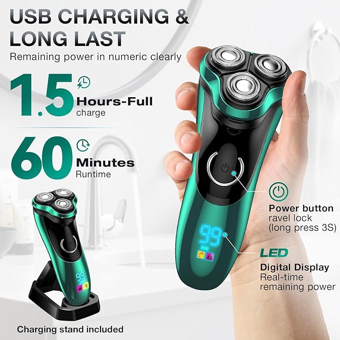 Electric Razor for Men, Rechargeable Shaver with Charging Stand, Cordless Wet & Dry Waterproof Razor with Pop-up Trimmer (Green)
