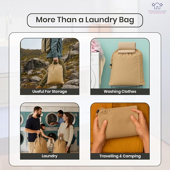 LFH Home Cotton Canvas Large Laundry Bag with Handle, Heavy Duty Drawstring Closure Washable Laundry Bags, School Travel, Home, Hotel, College Dorm, Organizer Sack, Toys Clothes 24x36-Beige