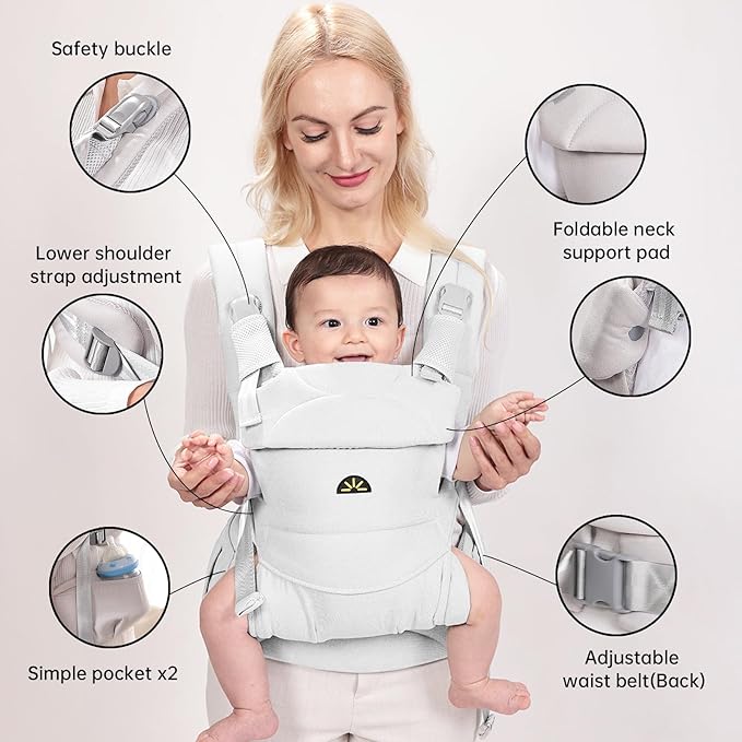 Baby Carrier for Newborns to Toddlers, Adjustable, Ultra-Soft and Weightless, Ergonomic Baby Carrier with Head Support, Baby Travel Gear, Baby Essentials (Grey)