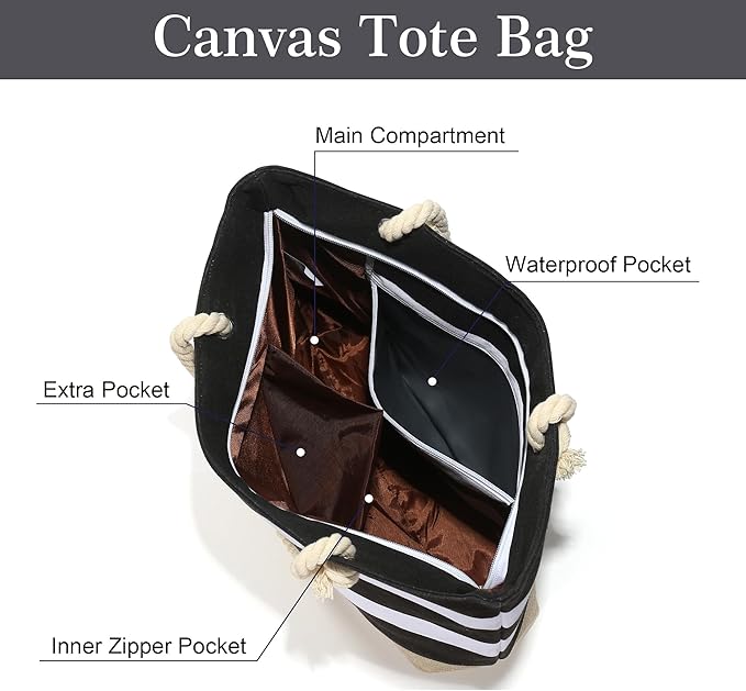 YOOLIFE Initial Canvas Waterproof Beach Tote Bag Zipper Personalized Gifts for Women Her Birthday Travel Beach Essential