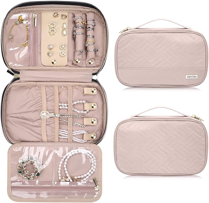 Jewelry Travel Case Organizer for Necklaces, Earrings, Rings, Bracelet, Watch, Soft Sided, Pink