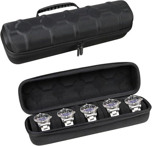 Juntan 5 Slots Hard Watch Travel Case, Portable Nylon Zipper Storage Organizer Box for Men Women with Soft Compressible Foam Pillow Black