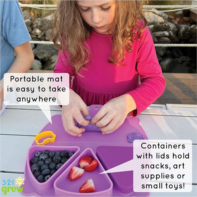 On-The-Go Snack Mat – Baby Silicone Travel Dining Placemat – Portable Silicone Toddler Plate – Reusable Snack Container with 3 Compartments and Lids for 6 Months + (Plum)