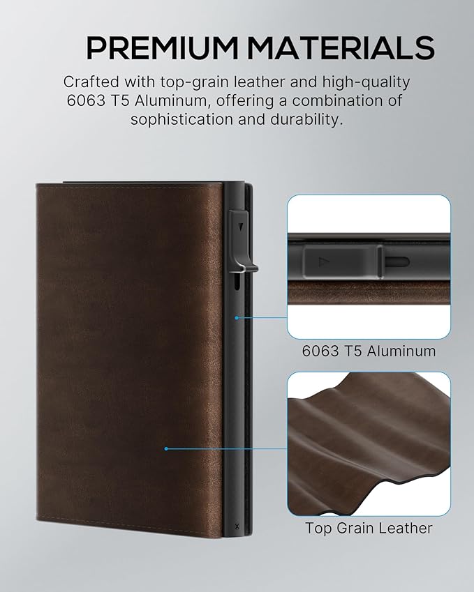 Mens Wallet Card Holder - Smart Wallet for Men, Pop Up Card Case, Top Grain Leather, RFID Blocking, Slim, Minimalist, Ultra-Thin, Front Pocket, 12 Card Capacity | ID Window | Cash Slot (Brown)