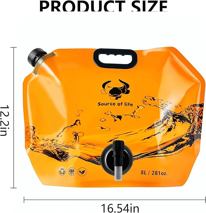 Collapsible 8L Water Storage Bag, BPA-Free Portable Folding Water Jug with Adjustable Faucet, Leakproof Emergency Water Bag for Camping, Hiking, Riding, Outdoor Sport (Orange, 2)
