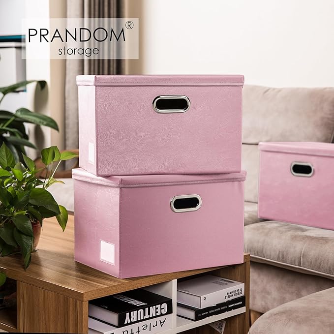 PRANDOM Large Stackable Storage Bins with Lids [3-Pack] Leather Fabric Foldable Storage Boxes Organizer Containers Baskets Cube with Cover for Bedroom Closet Office Nursery Pink (17.7x11.8x11.8)