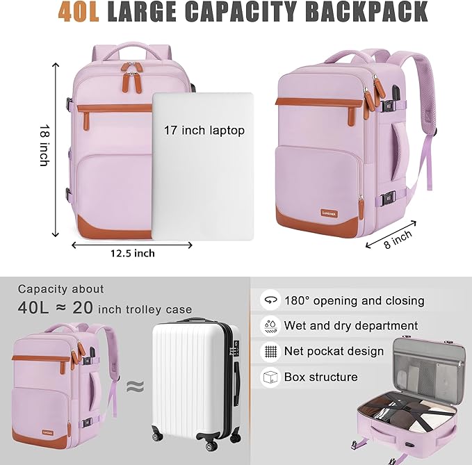 40L Travel Backpack with USB Charging Port, Water-Resistant Carry On Backpack for Men Women, Business Laptop Backpack for Trips & Commutes, Fits 15.6/17.3 Inch Laptop
