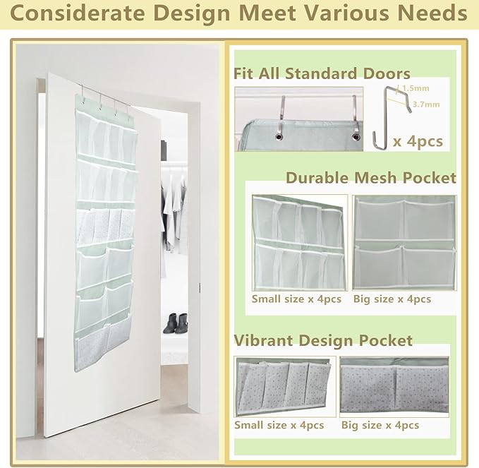 Over the Door Organizer with 4 Kinds of Pockets,Behind Door Shoes Rack,Back of Closet Storage Organization for Socks,Hat,Underwear,Luggage Packing,Hanging Holder Shelf in Home Dorm,Travel,Green
