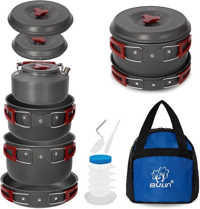 Bulin 24/13/11/8/4 PCS Camping Cookware Mess Kit Lightweight Backpacking Cooking Set Outdoor Cook Gear for Family Hiking, Picnic(Kettle, Pot, Frying Pan, Bowls, Plates, Spoon)