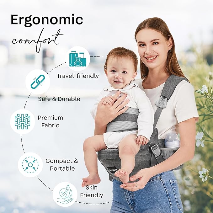 Baby Hip Carrier, Ergonomic, Toddler Carrier with Multiple Pockets & Shoulder Strap for Newborns & Toddlers -Gray