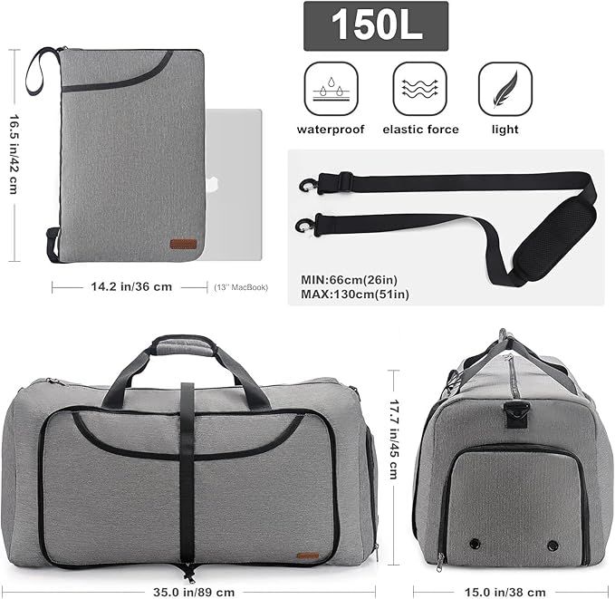 150L Duffle Bag for Travel, Extra Large Foldable Waterproof Travel Duffel Bags Weekender Overnight Bag for Men and Women with Shoe Compartment (Gray)