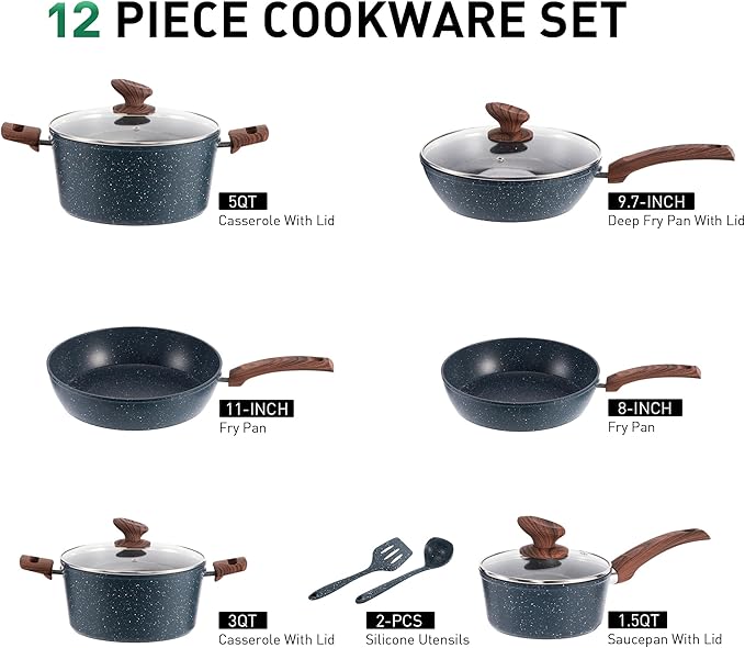 MAISON ARTS Pots and Pans Set Non Stick, Kitchen Cookware Sets Nonstick, 12 Piece Granite Cooking Pot and Pan for Induction, Stovetop, Blue
