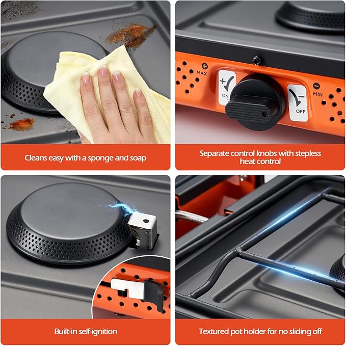 Odoland Portable 2 Burner Camping Stove Propane 17000 BTU/h Gas Stove Collapsible Backpacking Stove for Indoor Outdoor Cooking Hiking and Picnic