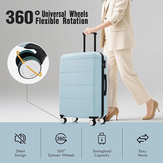 Merax Luggage Sets of 3 Piece Carry on Suitcase Airline Approved,Hardcase Suitcase Set with Double Spinner Wheels,Light Blue