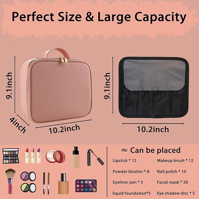 Makeup Bag with Led Mirror,Travel Makeup Organizer with 3 Color Setting & Jewelry storage box, Portable Storage and Adjustable Dividers Travel Makeup Bag(Pink)