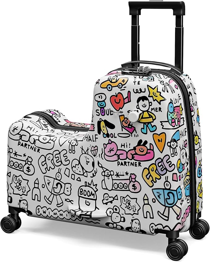Apelila DIY Coloring Ride On Suitcase for Kids Ages 4-8, 22 Inch Graffiti Rolling Luggage with Spinner Wheels & Safety Belt, Lightweight Travel Checked Suitcase with Combination Lock