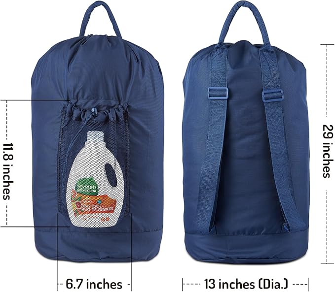 Laundry Bag Backpack with Detergent Holder and Adjustable Shoulder Straps, Clothes Laundry Backpack for College, Travel, Apartment, Laundromat, Dorm Room (Blue)