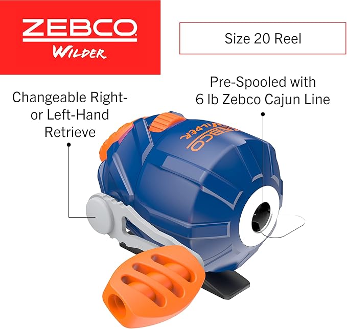 Zebco Wilder Fishing Reel and Rod Combo, 4'3" Durable Fiberglass Rod with Built-In Carabiner, Patented No-Tangle Reel, Pre-Spooled with 6-Pound Zebco Cajun Fishing Line, Blue/Orange