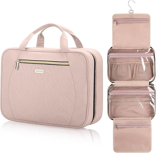 Hanging Toiletry Bag for Women Travel, 2 Sizes Large & Small Waterproof Cosmetic Organizer with 4 Compartments, Rotating Hook, Foldable Pink Travel Bag for Toiletries & Makeup - Medium Pink