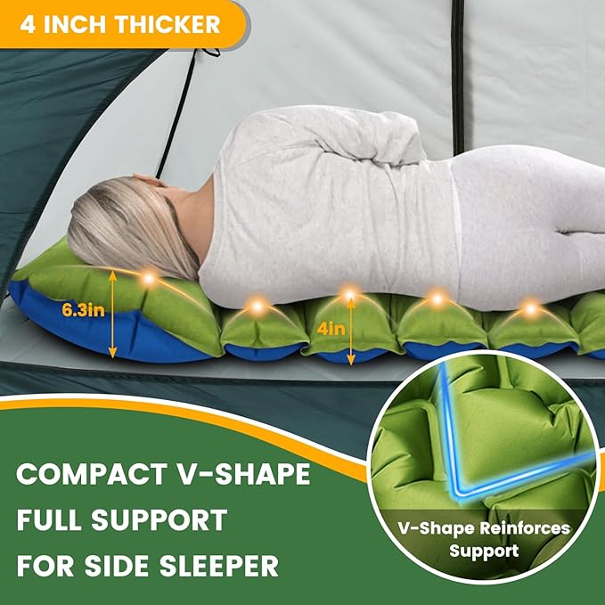 Double Sleeping Pad, Ultralight 4in Extra-Thick for 2 Person with Built-in Pillow & Foot Pump Sleep Mat, Compact Inflatable Camping Mat for Backpacking Hiking Travel Tent Camp Gear Gifts