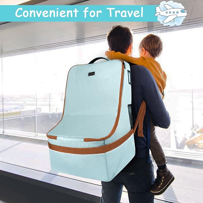 YOREPEK Padded Car Seat Travel Bag for Air Travel, Carseat Cover Backpack with Shoulder Straps, Large Carseat Gate Check Bag, Baby Travel Essential(Light Cyan)